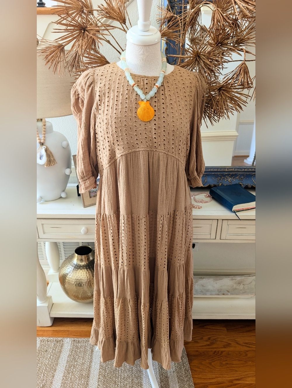 Tiered Eyelet Midi Dress in Tan